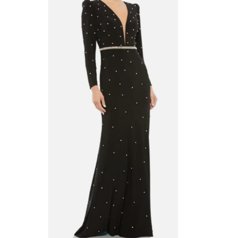 Mac Duggal (269) BELTED JEWEL ENCRUSTED PLUNGE NECK LONG SLEEVE GOWN size 8 $398